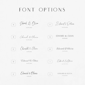 May include: A graphic showing 10 different font options for a wedding invitation. The options include different styles of lettering, including script, sans serif, and serif fonts. The text in each option reads "Edward & Olivia" with the date "14.09.2022".