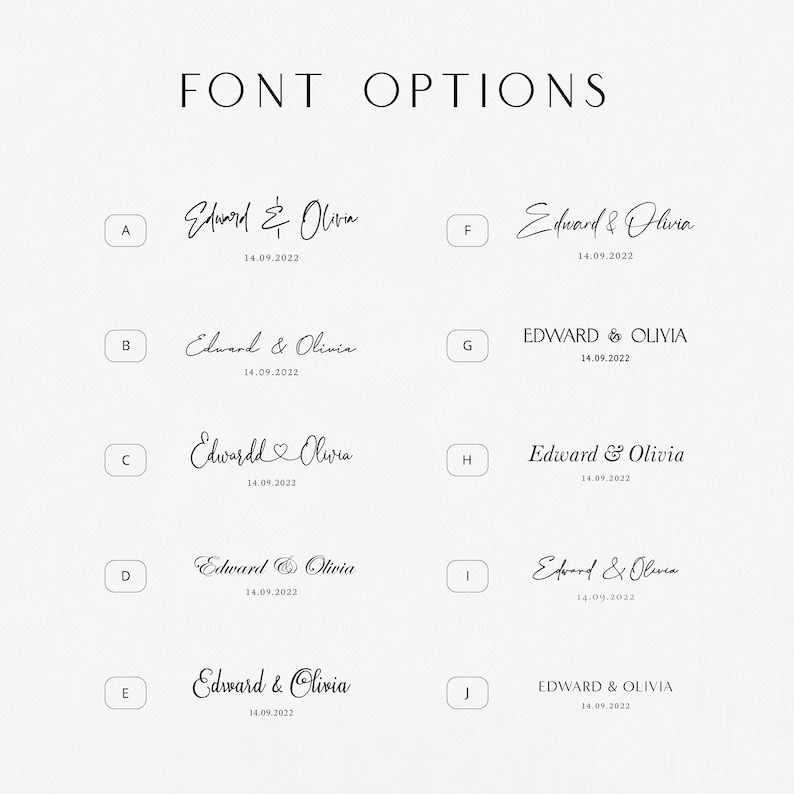 May include: A graphic showing 10 different font options for a wedding invitation. The options include different styles of lettering, including script, sans serif, and serif fonts. The text in each option reads "Edward & Olivia" with the date "14.09.2022".