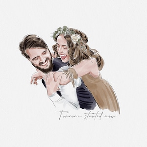 Puede incluir: Ilustraci&oacute;n en acuarela de una pareja abraz&aacute;ndose, la mujer riendo y luciendo una corona de flores. El hombre tiene barba y sonr&iacute;e. El texto "Forever started now" est&aacute; escrito debajo.