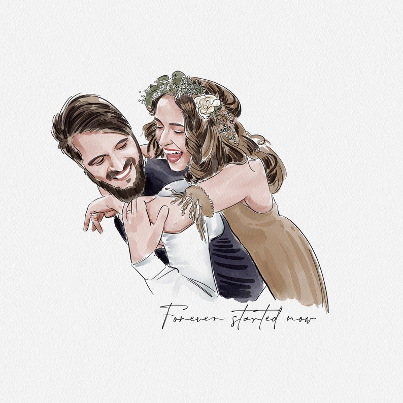 Puede incluir: Ilustraci&oacute;n en acuarela de una pareja abraz&aacute;ndose, la mujer riendo y luciendo una corona de flores. El hombre tiene barba y sonr&iacute;e. El texto "Forever started now" est&aacute; escrito debajo.