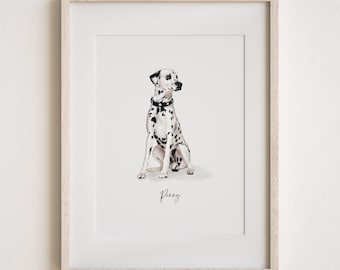 May include: A framed watercolor print of a Dalmatian dog. The dog is white with black spots and is wearing a black collar. The dog is sitting and the name "Penny" is written below the dog in cursive.
