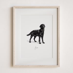 May include: A framed black and white illustration of a black dog with a collar. The dog is standing on a white background. The name "Luna" is written in cursive at the bottom of the image.