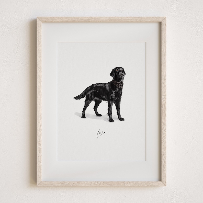 May include: A framed black and white illustration of a black dog with a collar. The dog is standing on a white background. The name "Luna" is written in cursive at the bottom of the image.