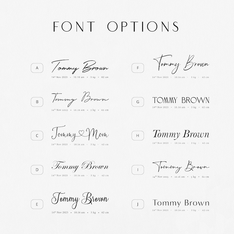 May include: A chart with 10 different font options for the name "Tommy Brown" with different styles and variations. Each option includes the date, time, weight, and length of the baby.