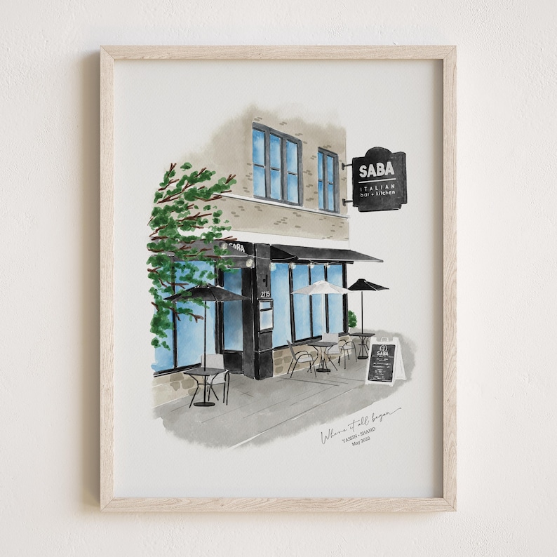 Our First Date Venue Portrait, Custom Watercolor Couple Drawing, Anniversary Keepsake, Valentine Gift for Her Him, Restaurant Sketch image 12