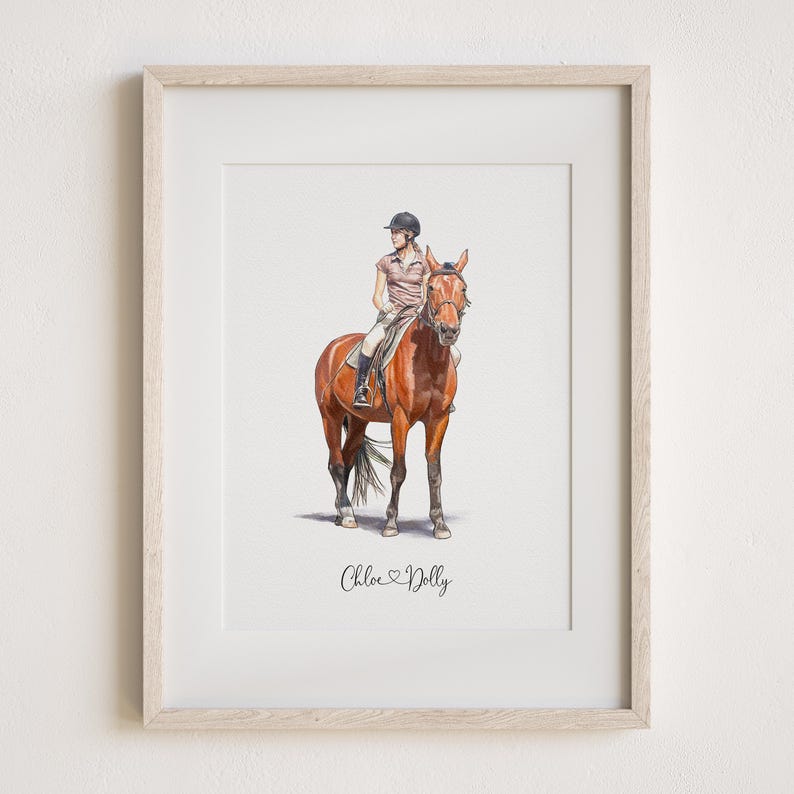 May include: A framed watercolour painting of a person riding a brown horse. The person is wearing a white shirt, black trousers, and a black helmet. The horse is wearing a brown bridle. The painting is titled "Chloe Dolly".
