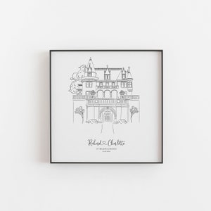 May include: Black framed print featuring a detailed line drawing of a stately building with a balcony and arched entrance. The names "Richard & Charlotte" and the date are below the building illustration. The artwork is on a white background.