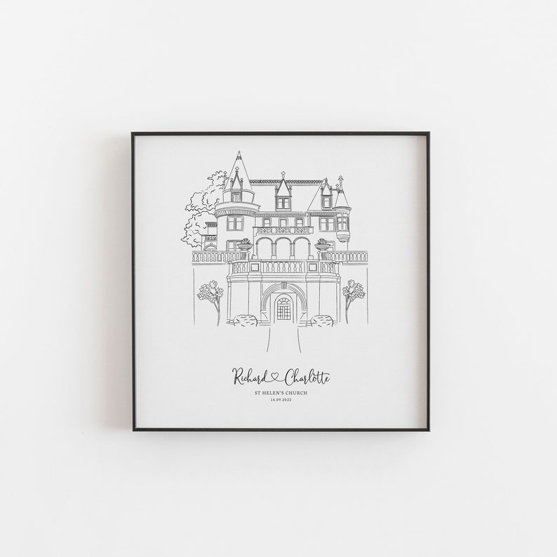 May include: Black framed print featuring a detailed line drawing of a stately building with a balcony and arched entrance. The names "Richard & Charlotte" and the date are below the building illustration. The artwork is on a white background.