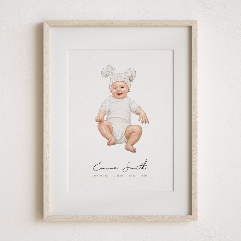May include: A framed illustration of a baby wearing a white knitted hat with pom-poms. The baby is sitting with their legs crossed and smiling. The frame is light wood and the illustration is on white paper. The text below the image reads "Emma Smith 12th Jan 2023 - 5:05 am - 3.7 kg - 50 cm."