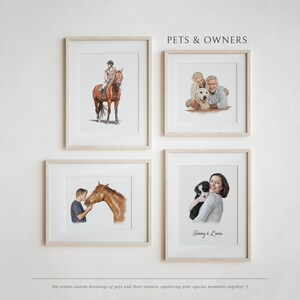 May include: Four framed watercolor illustrations of pets and their owners. The top left image shows a person riding a brown horse. The top right image shows a couple with a golden retriever dog. The bottom left image shows a person with a brown horse. The bottom right image shows a person with a black and white puppy. The text "Tommy & Laure" is written below the bottom right image.