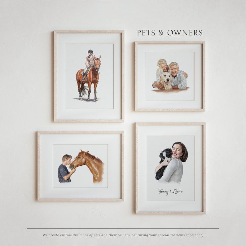 May include: Four framed watercolor illustrations of pets and their owners. The top left image shows a person riding a brown horse. The top right image shows a couple with a golden retriever dog. The bottom left image shows a person with a brown horse. The bottom right image shows a person with a black and white puppy. The text "Tommy & Laure" is written below the bottom right image.