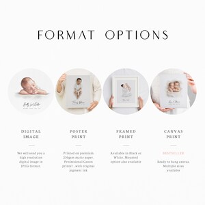 May include: Four different options for displaying a digital photograph: a digital image download, a poster print on 230gsm matte paper, a framed print in black or white, and a canvas print. The canvas print is labeled as a bestseller.