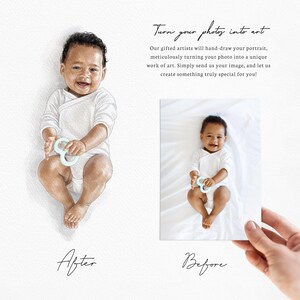 May include: A before and after image showing a hand-drawn watercolor portrait of a baby holding a toy. The original photo shows the baby lying on a white sheet.