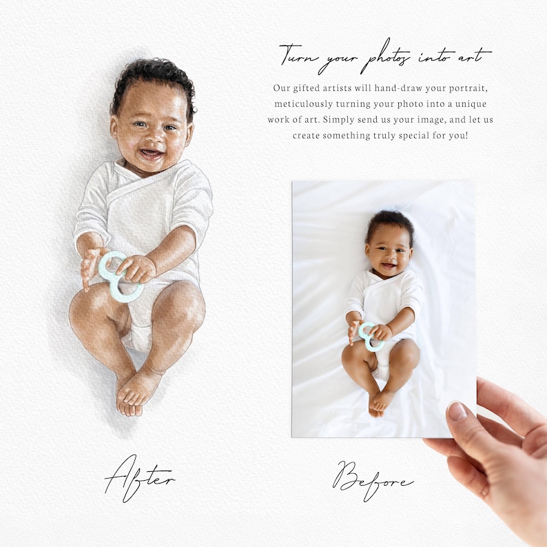 May include: A before and after image showing a hand-drawn watercolor portrait of a baby holding a toy. The original photo shows the baby lying on a white sheet.