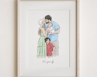 Aquarell Familienporträt, Einzigartiges Familiengeschenk, Foto zum Gemälde, Handgemaltes Porträt, Muttertags-Vatertagsgeschenk, Gedenkmalerei