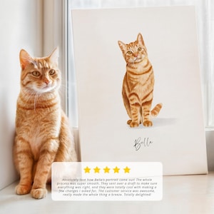May include: A watercolor painting of a ginger cat named Bella. The painting is on a white canvas with a white background. The cat is sitting with its front paws together and its back paws slightly apart. The cat is looking at the camera with a slightly curious expression.