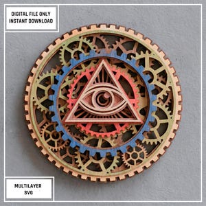 May include: A multilayered circular wall art design featuring an intricate arrangement of interlocking gears in shades of tan, blue, and red. At the center, a triangular frame encloses a stylized eye. Text reads: DIGITAL FILE ONLY INSTANT DOWNLOAD.