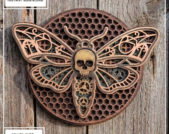 Steampunk Moth SVG | Skull, Gears, 3D Laser Cut File (Digital Download