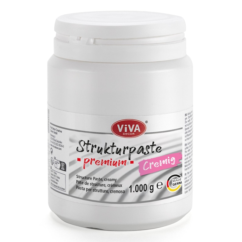 Eine Produktabbildung Strukturpaste Cremig. Einer weiße wieder verschließbare Plastikdose mit cremigen Strukturpaste gefüllt. Gewicht ist 1000g.
