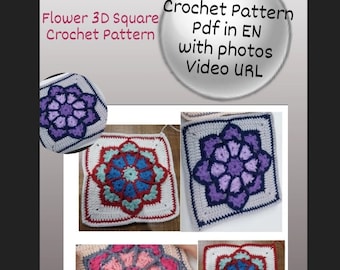 Flower granny square crochet pattern, crochet flower motif, 3D flower crochet pattern, granny square pattern, crochet flower square pattern