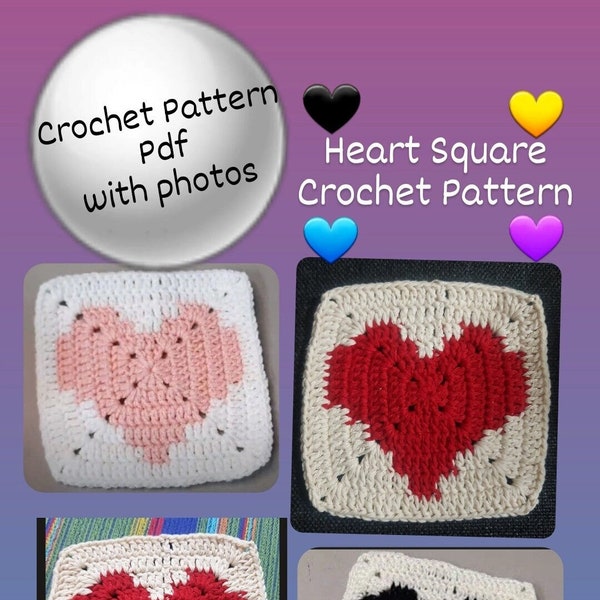 Heart Granny Square Crochet Pattern, Crochet Heart Motif, Crochet Heart Square Pattern, Heart Pattern, Granny Square, Heart Motif, Valentine