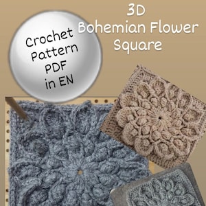 Flower square pattern, 3D bohemian flower crochet pattern, crochet square motif, square motif pattern, granny square