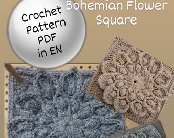 Flower square pattern, 3D bohemian flower crochet pattern, crochet square motif, square motif pattern, granny square