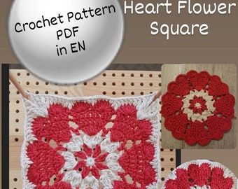 heart flower square pattern, Square pattern, granny square, heart granny square, crochet pattern, pattern, circle pattern, crochetmotif