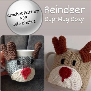 May include: Crochet pattern PDF with photos for a reindeer cup cozy. The cozy is made of brown, gray, and red yarn and features a cute reindeer face with antlers.