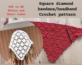 Patroon gehaakte bandana met vierkante ruit: eenvoudige zelfstudie hoofdband (pdf-patroon)