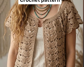 Patrón de ganchillo para blusa/cárdigan Penelope, PDF con fotos y vídeos.