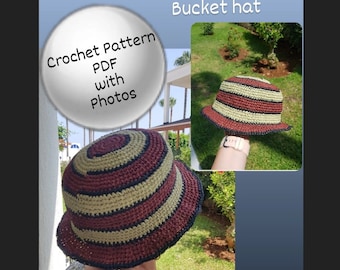 Crochet Raffia Bucket, Multi-Colored Summer Beach Hat (PDF Pattern