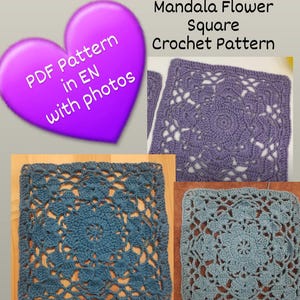 Modello quadrato di fiori mandala all'uncinetto, mandala boho all'uncinetto, quadrato della nonna all'uncinetto, quadrato di fiori all'uncinetto