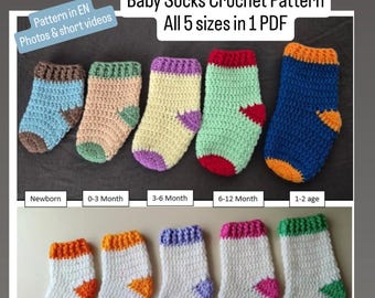 baby socks crochet pattern, baby booties for all sizes (5 sizes in 1 PDF, photos and short videos)
