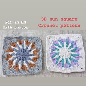 sun granny square, 3D granny square, crochet pattern, square crochet pattern, sun square pattern, sun motif