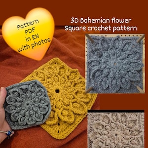 Flower square pattern, 3D bohemian flower crochet pattern, crochet square motif, square motif pattern, monochromatic crochet