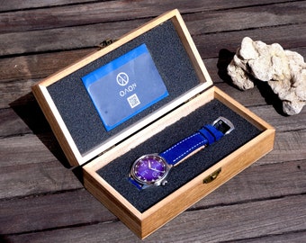 ΟΛΟΝ Orion in Gift Box -  Hand Wound Mechanical  Wristwatch - Suede Leather Strap - Blue sunburst fume dial - Greek numerals - 41mm