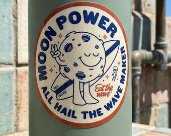 Pegatina Moon Power Surf: Arte laminado para playa y skate, 10 x 10 cm, superventas