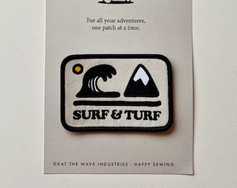 Surf & Turf sew on patch, surf patch, surfing, skate, mountain, rainbow, adventure, patch, retro, surf trip, van, gift