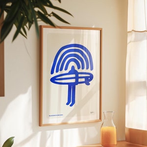 Art surf minimaliste à l'encre bleue - dessin de surfeur esthétique et épuré, déco surf moderne, art mural côtier, impression inspirée de l'océan, oeuvre d'art maison de plage