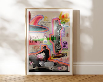 May include: A framed collage of colorful abstract art with a surfer riding a wave, a plane flying in the sky, and the text "This must be the place".