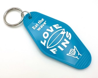 Love Fins Surf Style Keyring: Teal Hotel Motel Keychain