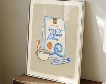 Impresión artística de Surf & Coffee: Ilustración de tabla de surf retro