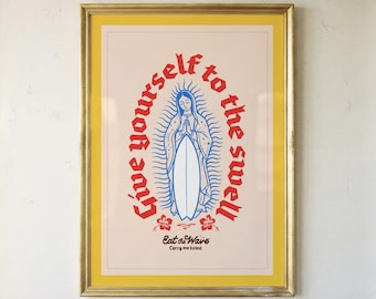 Impresión artística de Madonna Surf, ilustración religiosa de California