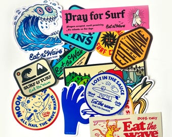 Paquete de pegatinas retro de surf: vinilos impermeables para playa (14 unidades)