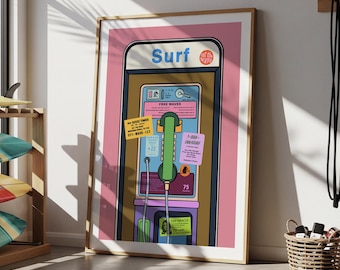 Impresión artística de una cabina telefónica de surf, ilustración retro de Los Ángeles