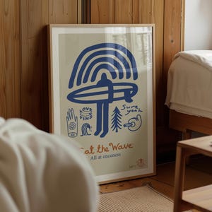 Lámina de arte surfero retro: póster "Cómete la ola" / Decoración de pared bohemia costera / Ilustración moderna de tabla de surf para casa o estudio