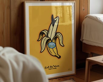 Lámina artística Banana Surf: Decoración de pared con tabla de surf estilo retro pop