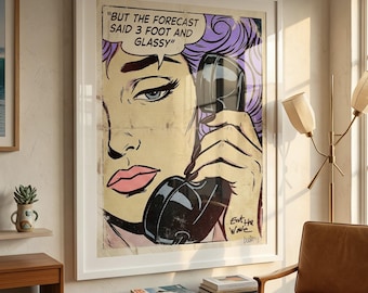 Lámina de surf estilo pop art, estilo cómic, firmada a mano.