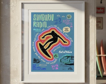 Póster de Sunburn Radio con diseño de surf, estilo retro y firma de archivo.